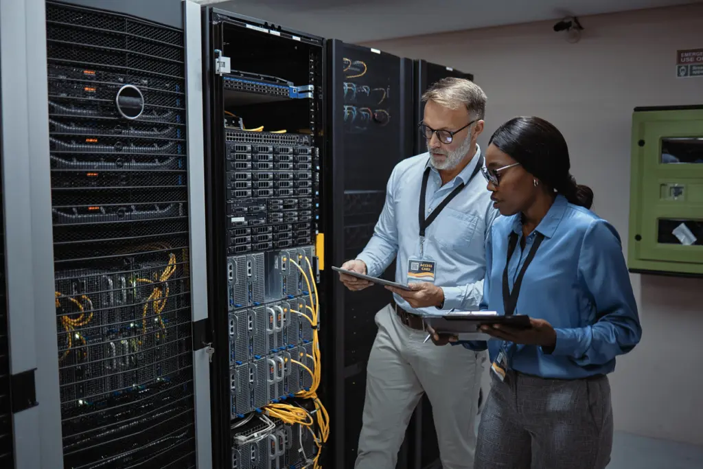 echnicians using a tablet in a server room